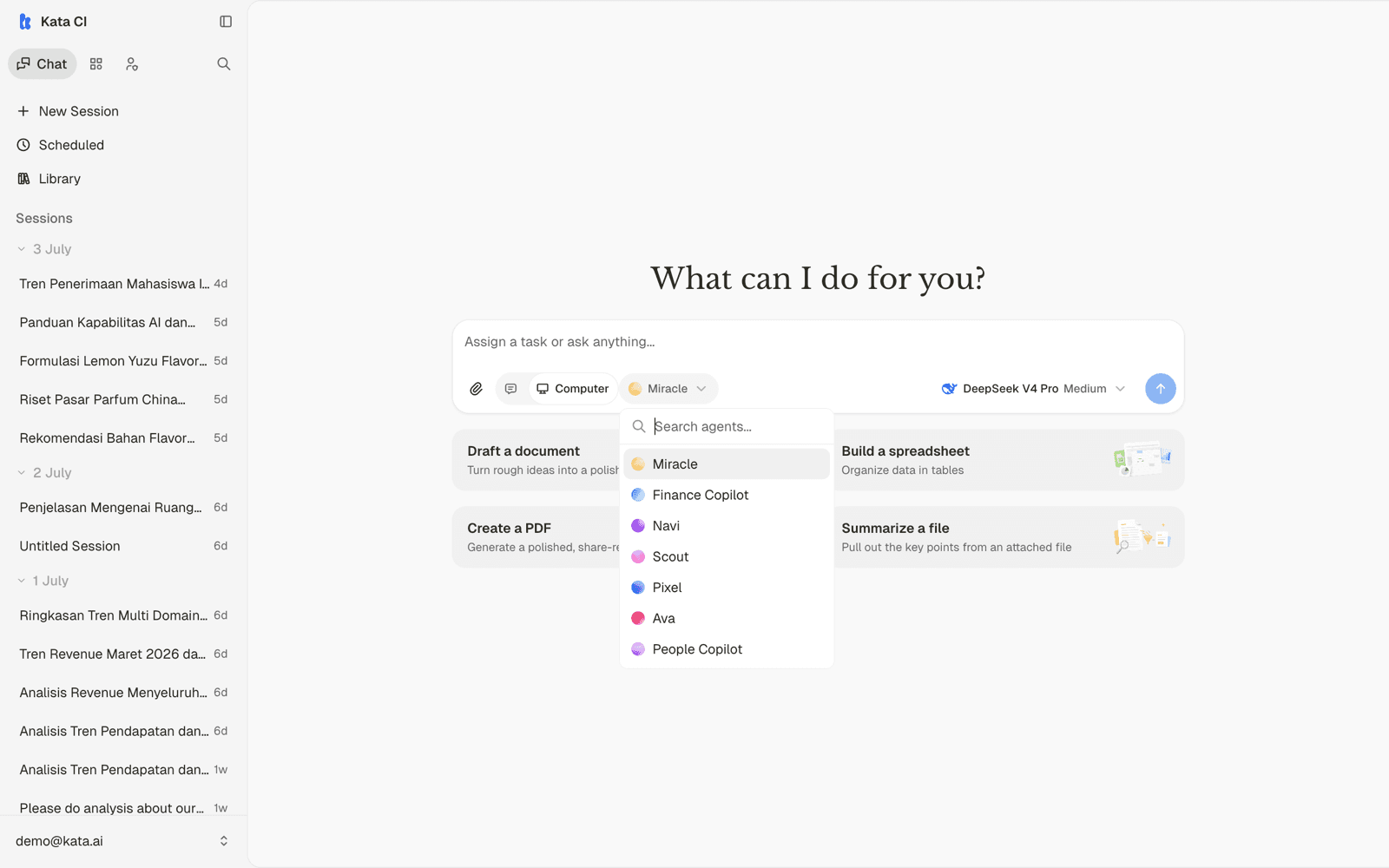 The agent picker showing the workspace's agents