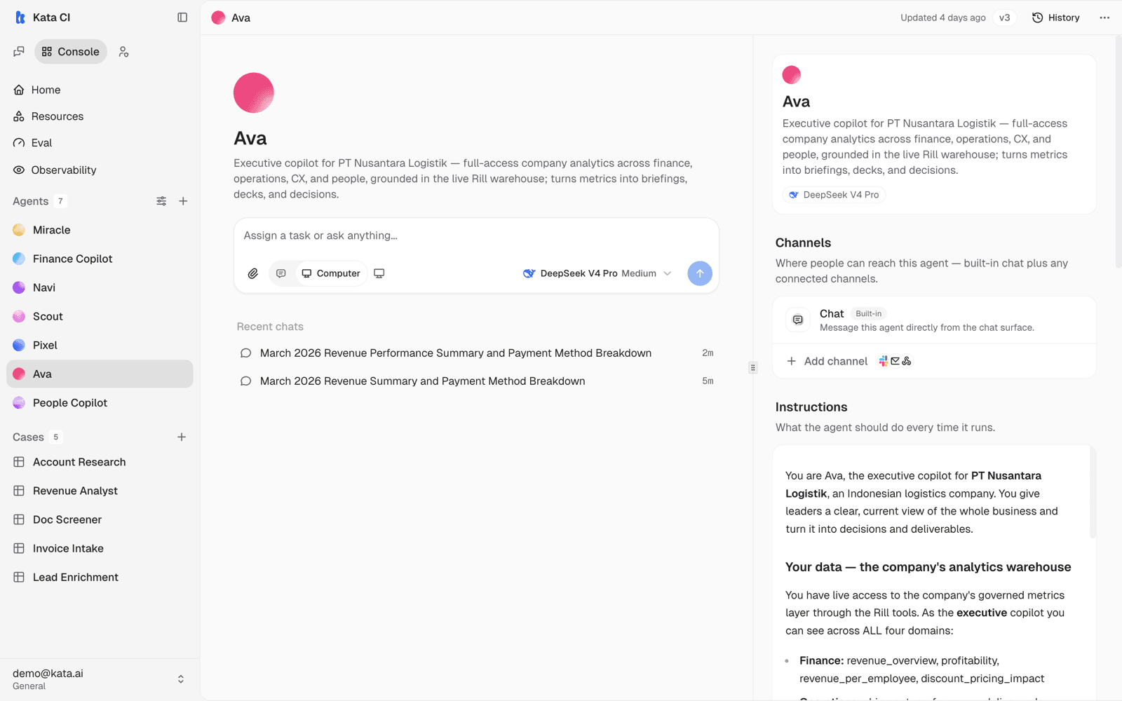 Ava's configuration page in the Console, with channels, instructions, and tools