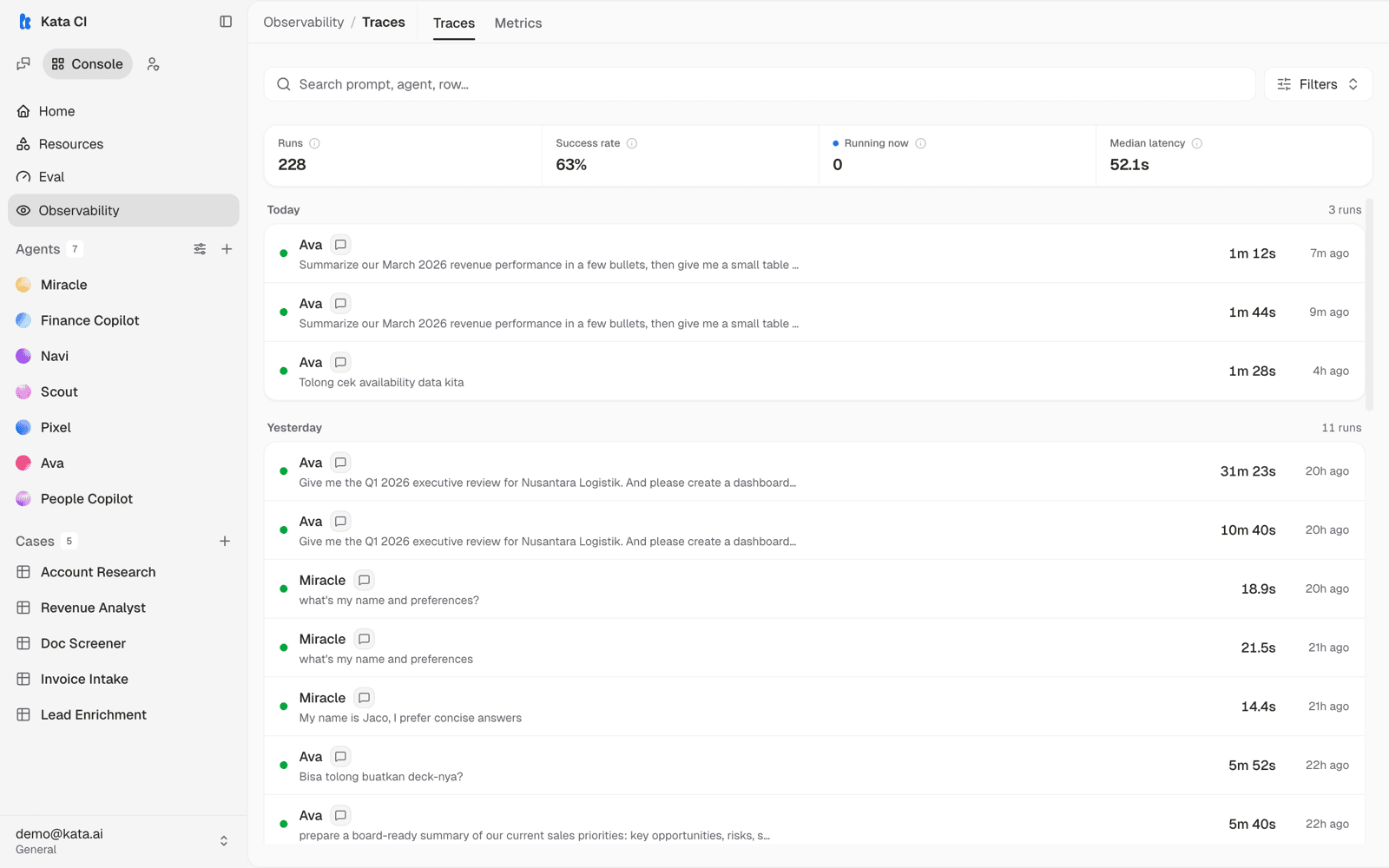 The Observability traces view with run history and workspace stats