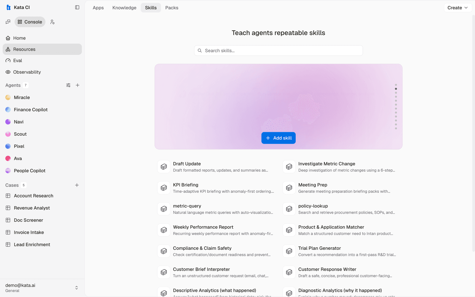The Skills tab with the workspace's reusable procedures