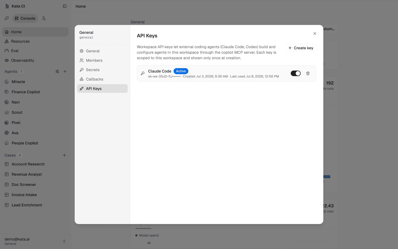 The workspace settings dialog on the API Keys tab